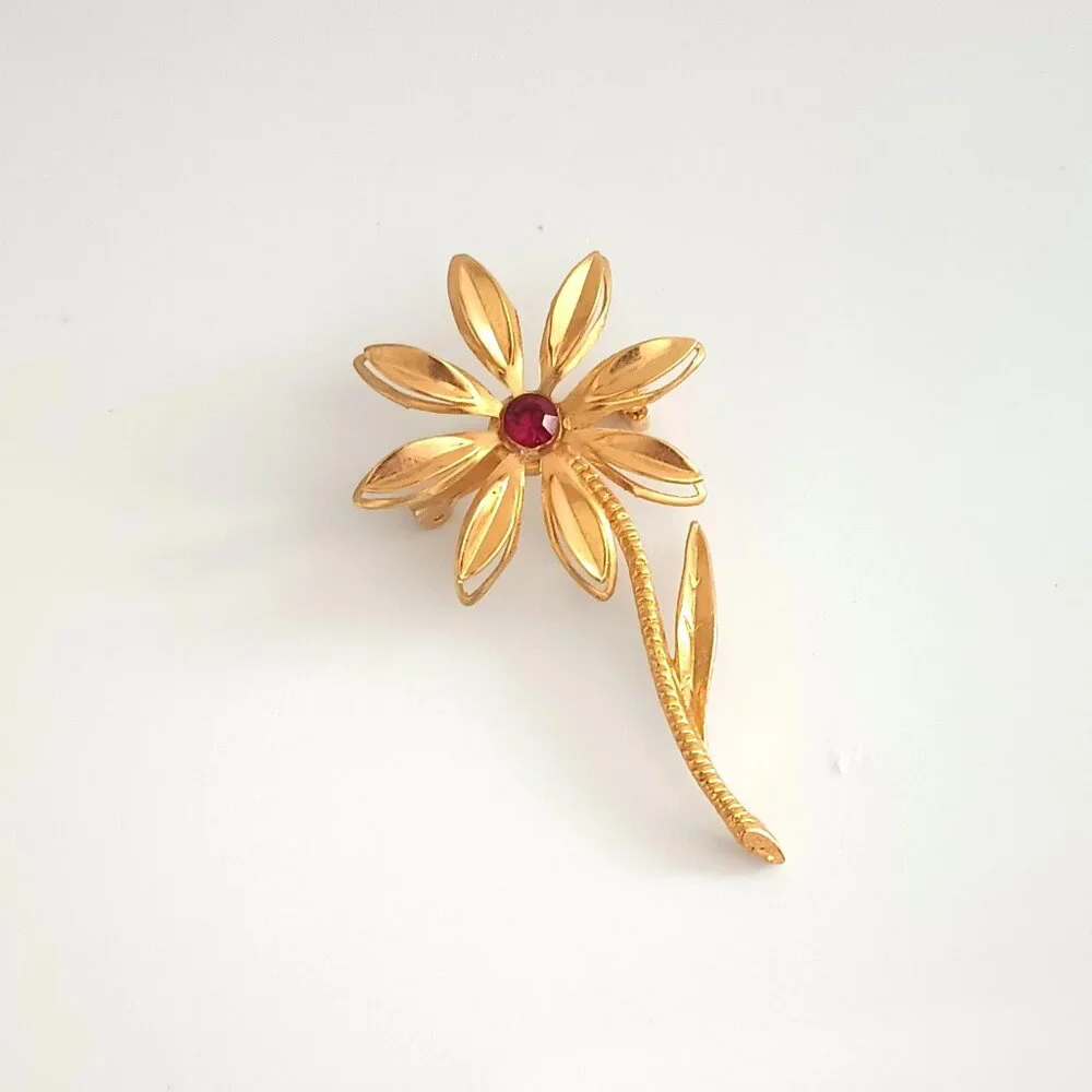 Vintage Long Stem Flower Brooch Etched Gold Tone 3D Red Rhinestone Center